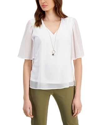 Jm Collection Women's Flutter-Sleeve Necklace Top, Created for Macy's