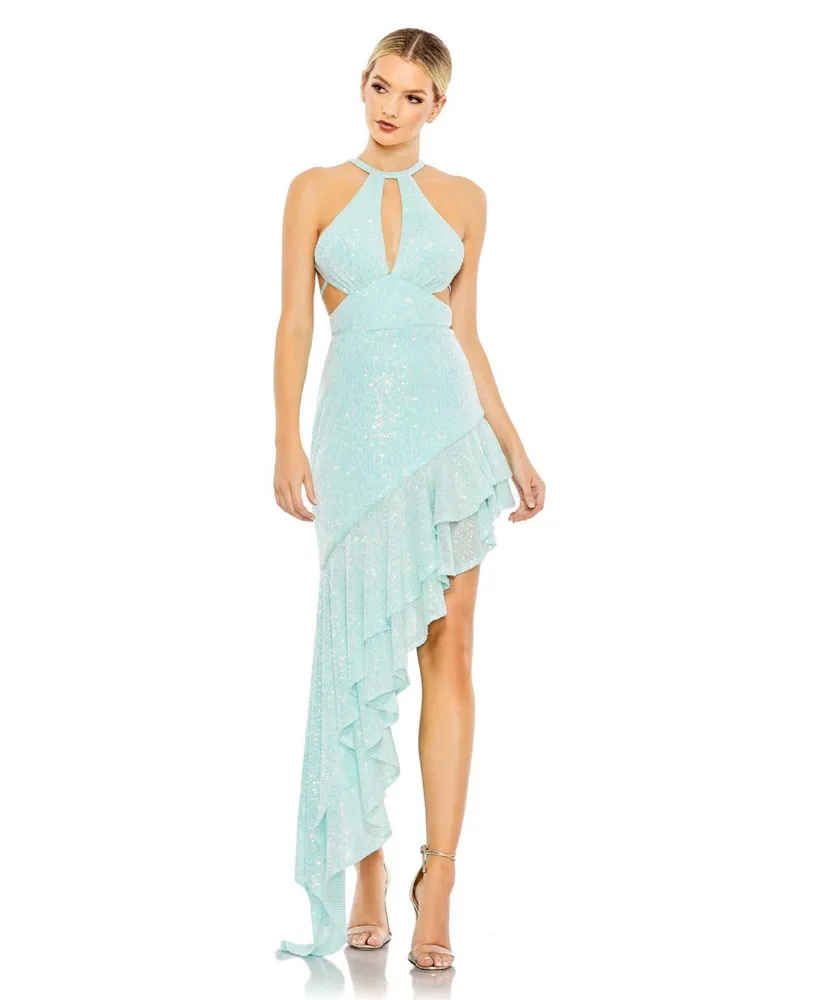 Ieena Mac Duggal Chiffon V-Neck Sleeveless Cut-Out Strappy Back Detail  Tiered Ruffle Hem Gown