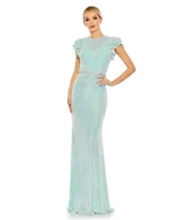 Women's Ieena Sequined High Neck Flutter Sleeve Gown