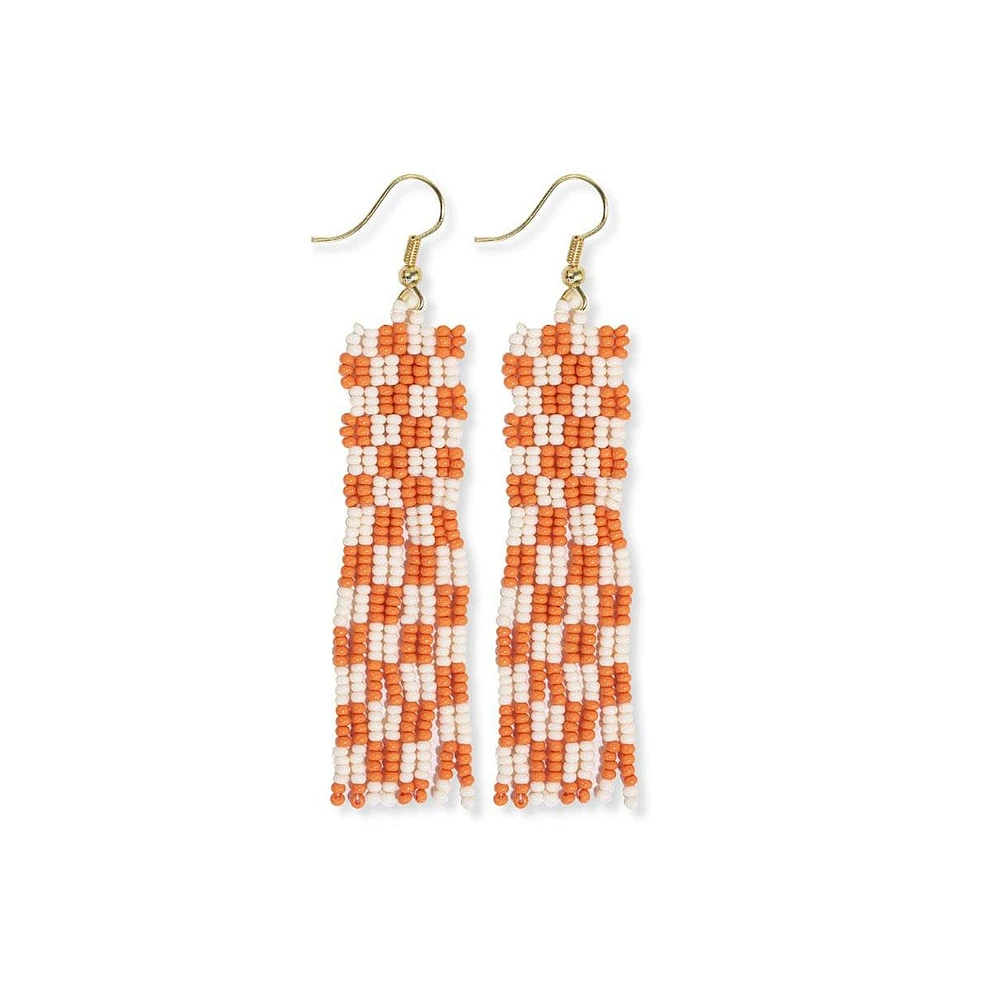 Harriet Woven Top Gingham Beaded Fringe Earrings Orange