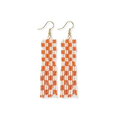 Harriet Woven Top Gingham Beaded Fringe Earrings Orange