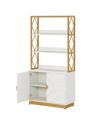 Tribe signs White and Gold Bookshelf with Doors: 70.9 Inches Tall Etagere Bookcase with 3 Shelves 2 Cabinets (White and Gold)