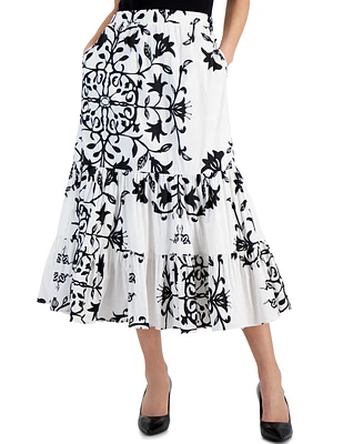 T Tahari Women's Printed Pull-On Tiered Midi Skirt