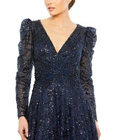 Women's Embellished V Neck Long Sleeve A Line Gown