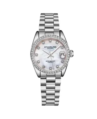 Stuhrling Women's Quartz ,Crystal Studded Bezel, Mop Dial, Stainless Steel Bracelet Watch