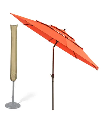 11 Ft 3 Tier Patio Umbrella with Protective Cover Crank Push to Tilt Hotel