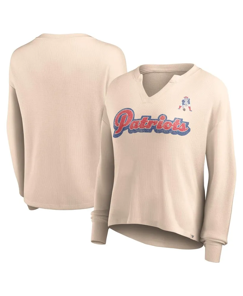 Women's Fanatics Tan Distressed New England Patriots Go For It Notch Neck Waffle Knit Lightweight Long Sleeve T-shirt