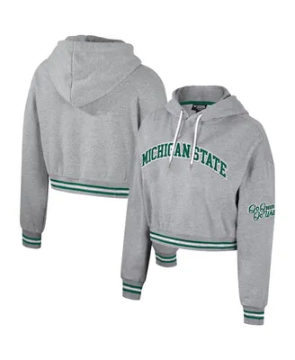 Women's The Wild Collective Heather Gray Distressed Michigan State Spartans Cropped Shimmer Pullover Hoodie
