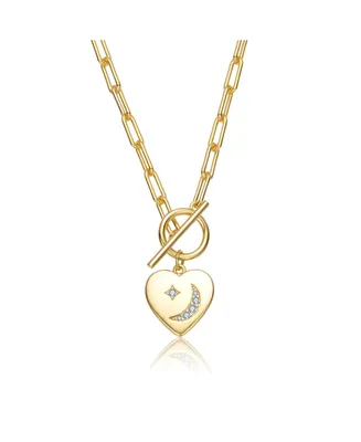 GiGiGirl Teens/Young Adults 14K Gold Plated Cubic Zirconia Moon and Star Heart Charm Necklace