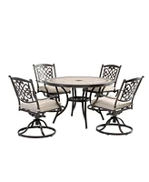 Mondawe Charcoal Gray Aluminum Swivel Outdoor Dining Arm Chair with Flower Pattern Backrest (Set of 2), Beige