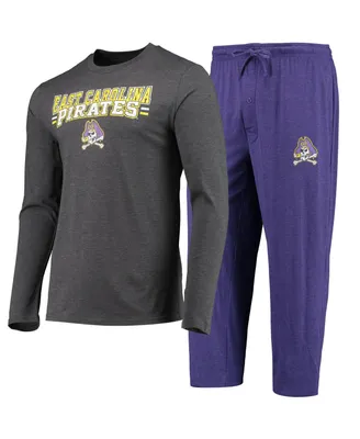Men's Concepts Sport Purple, Heathered Charcoal Distressed Ecu Pirates Meter Long Sleeve T-shirt and Pants Sleep Set