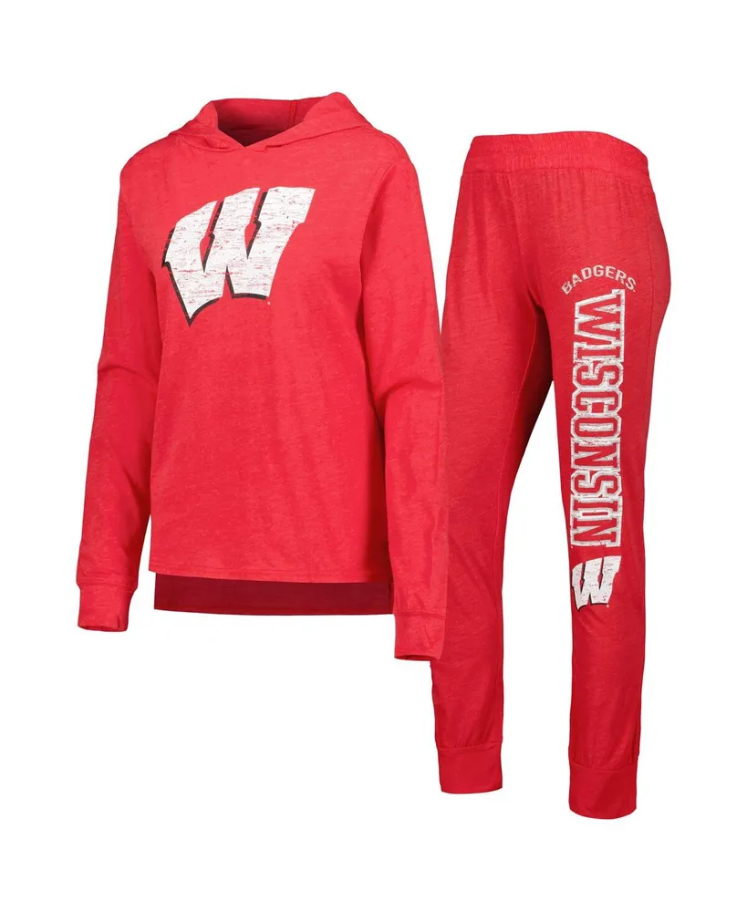 Women's Concepts Sport Red Distressed Wisconsin Badgers Long Sleeve Hoodie T-shirt and Pants Sleep Set