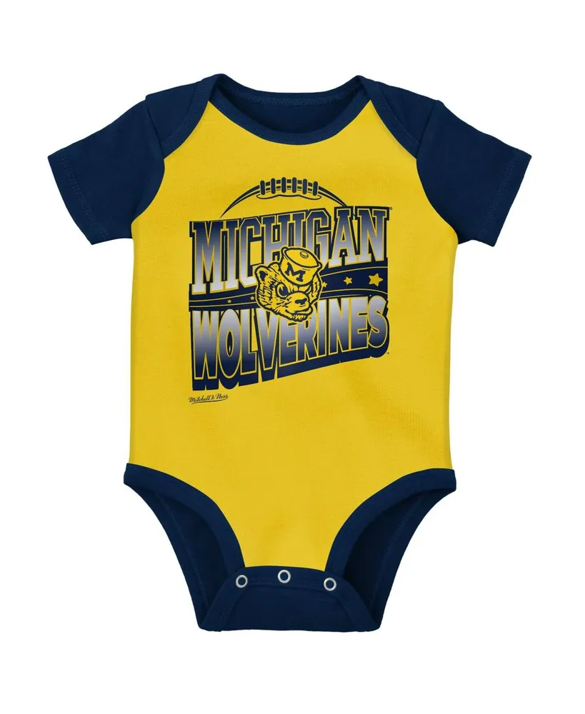 Infant Boys and Girls Mitchell & Ness Navy, Maize Michigan Wolverines 3-Pack Bodysuit, Bib and Bootie Set