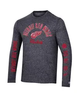 Men's Champion Heather Black Distressed Detroit Red Wings Multi-Logo Tri-Blend Long Sleeve T-shirt