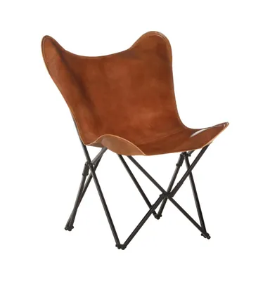 Foldable Butterfly Chair Brown Real Leather