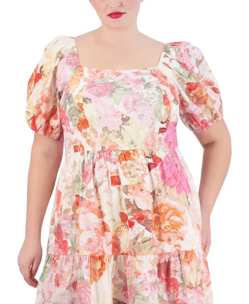 Vince Camuto Plus Floral-Print Puff-Sleeve Midi Dress