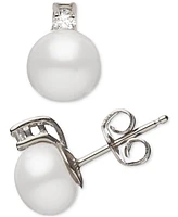 2-Pc. Set Cultured Freshwater Pearl (7-1/2 & 8-1/2mm) & Cubic Zirconia Pendant Necklace & Matching Stud Earrings in Sterling Silver