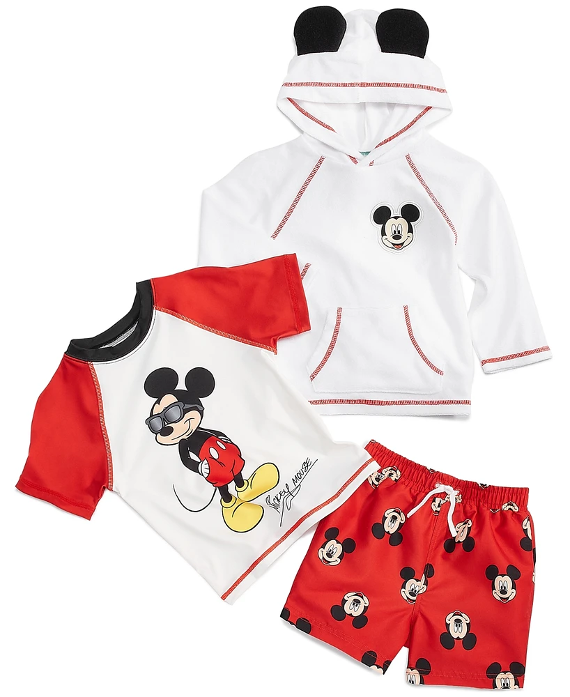 Disney Baby Mickey Mouse Hooded Terry Coverup, Rash Guard & Swim Trunks, 3 Piece Set