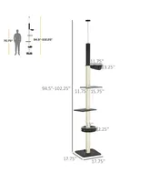 PawHut Floor To Ceiling Cat Tree, 5-Tier Cat Climbing Tower, 95''-106'' Height Adjustable with Carpeted Platforms, Cozy Bed, Hammock, Scratching Post