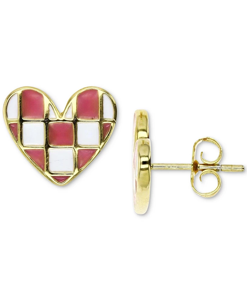 Pink & White Enamel Checkerboard Heart Stud Earrings