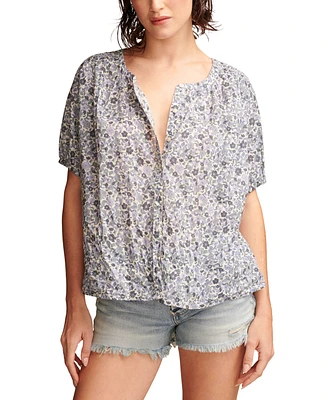 Lucky Brand Women's Printed Cotton Smocked-Trim Blouse