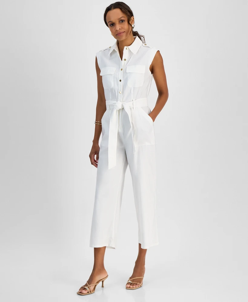 I.n.c. International Concepts Petite Linen-Blend Sleeveless Button-Front Jumpsuit, Created for Macy's