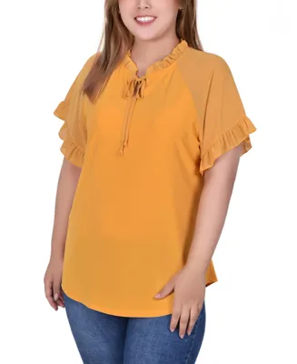 Ny Collection Plus Short Ruffled Sleeve Crepe Knit Top with Chiffon Sleeves