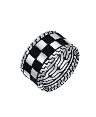 Bling Jewelry Men's Inside Out Two Tone Black Silver Geometric Check Board Squares Chess Ring Band Heavy Solid Wide 12MM