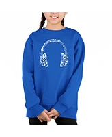 Music Note Headphones - Big Girl's Word Art Crewneck Sweatshirt