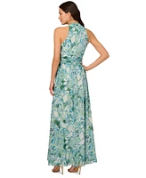 Adrianna Papell Women's Leaf-Print Chiffon Shirred Gown