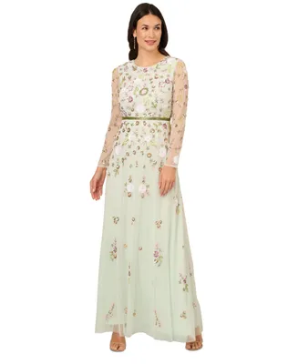 Adrianna Papell Women's Sheer-Sleeve Floral Beaded Gown