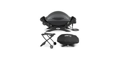 Weber Q 1400 Electric Grill (Black) with Portable Cart and Grill Cover
