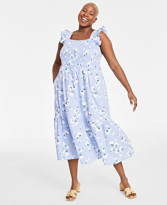 On 34th Trendy Plus Cheerful Flower-Print Cotton Smocked Midi Dress, Created for Macy's