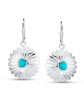 Bling Jewelry Native American South Western Concho Carved Petal Flower Blossom Blue Natural Turquoise Lever Back Dangle Earrings Women Sterling Silver