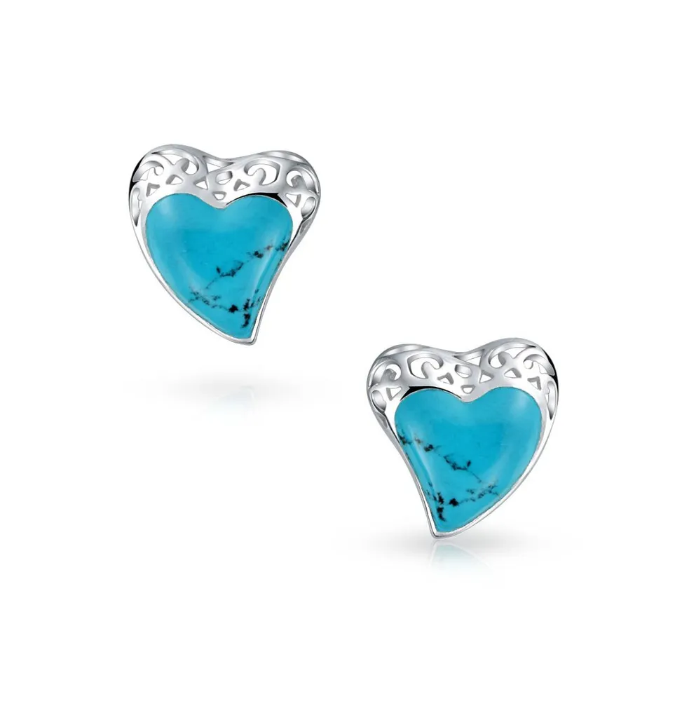 Bali Style Filigree Stabilized Turquoise Heart Shaped Stud Earrings For Women For Girlfriend .925 Sterling Silver