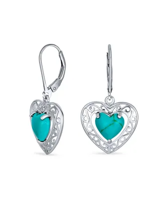 Bling Jewelry Bali Style Natural Stabilized Turquoise Heart Shape Fish Hook Drop Earrings For Women Scroll Filigree Sterling Silver