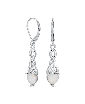 Romantic Gemstone White Heart Shaped Opal Love Knot Dangle Irish Celtic Earrings For Women Teens Lever back .925 Sterling Silver 1.5 Inch Long