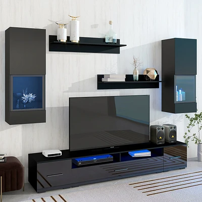 Simplie Fun 7-Piece Floating Tv Stand Set with Led Lights