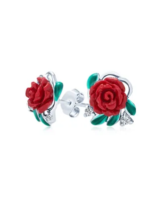 Romantic Delicate Floral Blooming Flower Cz Green Cz Leaf 3D carved Red Rose Stud Earrings For Women Teen .925 Sterling Silver