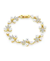 Bling Jewelry Multi Flowers Cz Leaf White Freshwater Cultured Pearl Bracelet For Women 18K Gold Plated 7 Inch