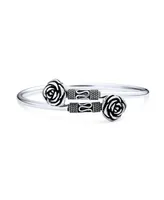 Balinese Bali Style Flower Tips Bypass Stacking Black Rose Bangle Cuff Bracelet For Women For Teen Oxidized .925 Sterling Silver