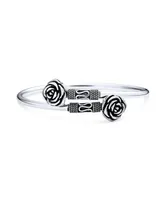 Bling Jewelry Balinese Bali Style Flower Tips Bypass Stacking Black Rose Bangle Cuff Bracelet For Women For Oxidized Sterling Silver