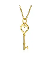 Bling Jewelry Simple Key to Your Heart Open Heart Key Necklace Pendant For Women Yellow Gold Plated Sterling Silver - Gold