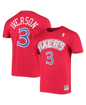 Men's Mitchell & Ness Allen Iverson Red Philadelphia 76ers Hardwood Classics Stitch Name and Number T-shirt