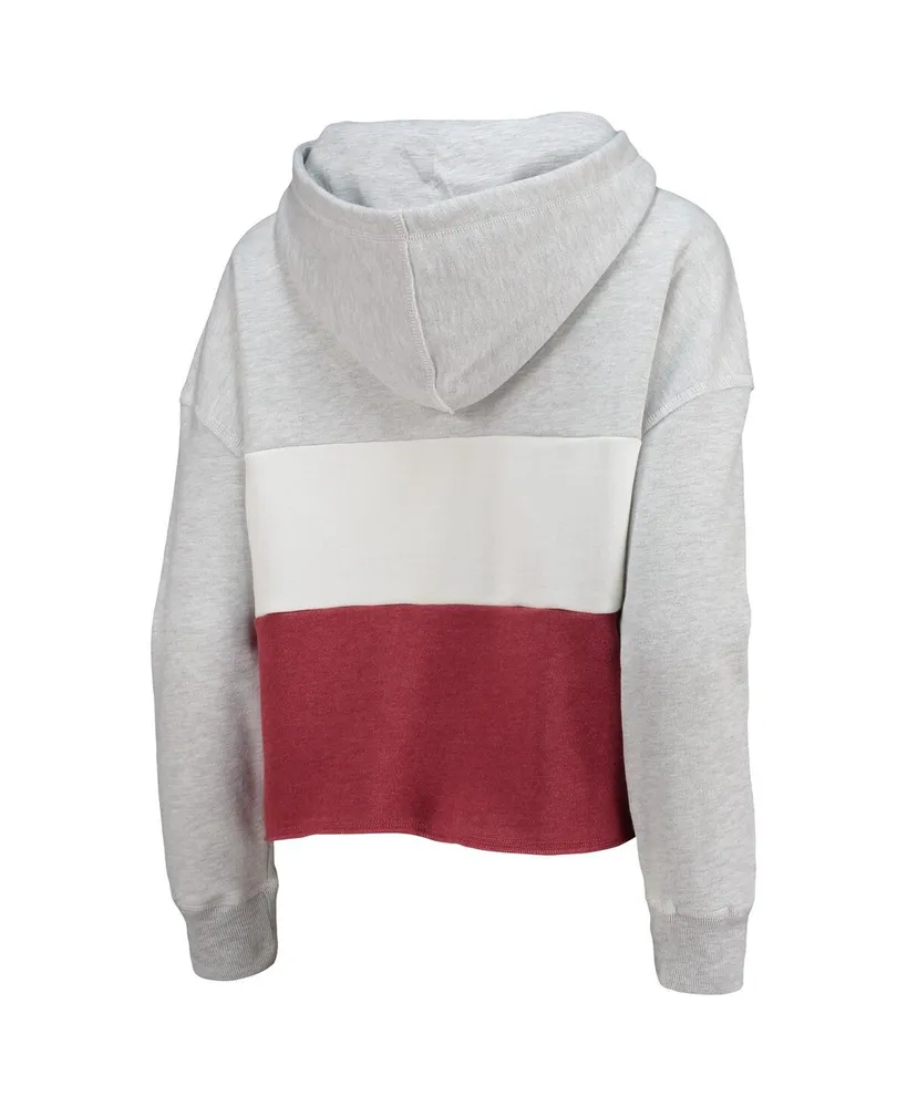 Women's '47 Brand Heathered Gray, Crimson Distressed Alabama Tide Lizzy Colorblocked Cropped Pullover Hoodie