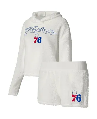 Women's College Concepts Cream Philadelphia 76ers Fluffy Long Sleeve Hoodie T-shirt and Shorts Sleep Set