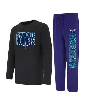 Men's Concepts Sport Purple, Black Distressed Charlotte Hornets Meter Long Sleeve T-shirt and Pants Sleep Set