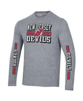 Men's Champion Heather Gray Distressed New Jersey Devils Tri-Blend Dual-Stripe Long Sleeve T-shirt