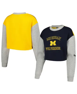 Women's Hype And Vice Navy Michigan Wolverines Colorblock Rookie Crew Pullover Sweatshirt