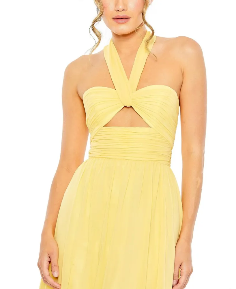 Women's Ruched Halter Strap Keyhole Chiffon Gown